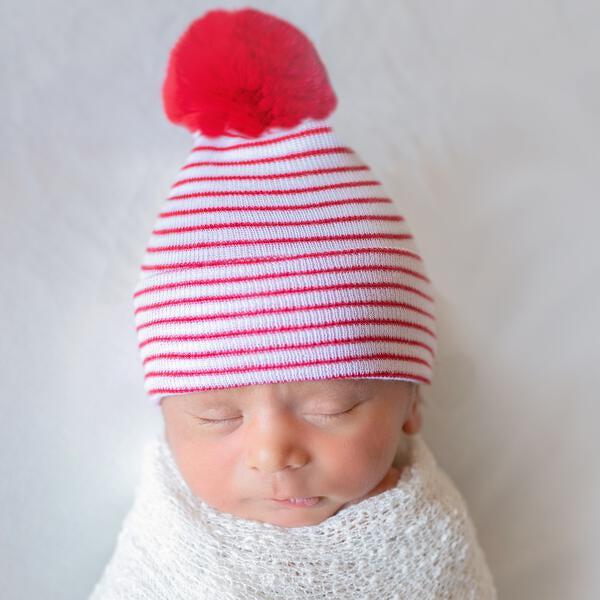 BabyMelons Newborn First Christmas Hospital Beanie Hat with Red Pom Pom, White Color Infant Beanie Hat Newborn Pom Pom Hat