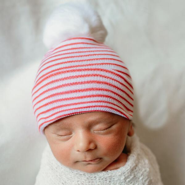 Snowy Santa Red & White Striped Hospital Beanie Hat with White (or Red) Fuzzy Pom Pom Newborn Hat Infant Hat