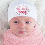 Girl Boss Patch Newborn Girl Hospital Beanie Hat - White Infant Hat Newborn Hat