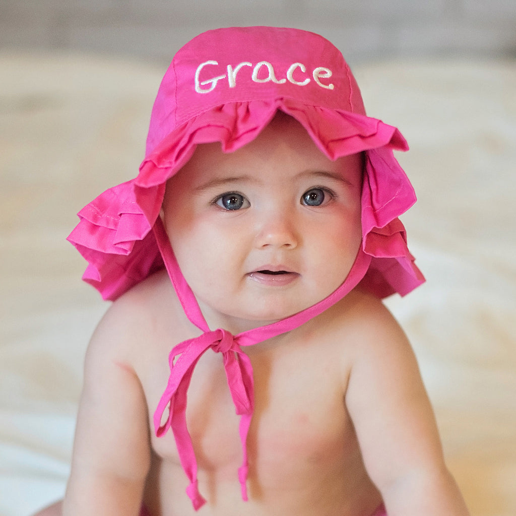Personalized Hot Pink Baby Sun Hat With Embroidered Double Ruffle Brim & UPF 50+ Sun Protection Infant Hat Newborn Summer Hat
