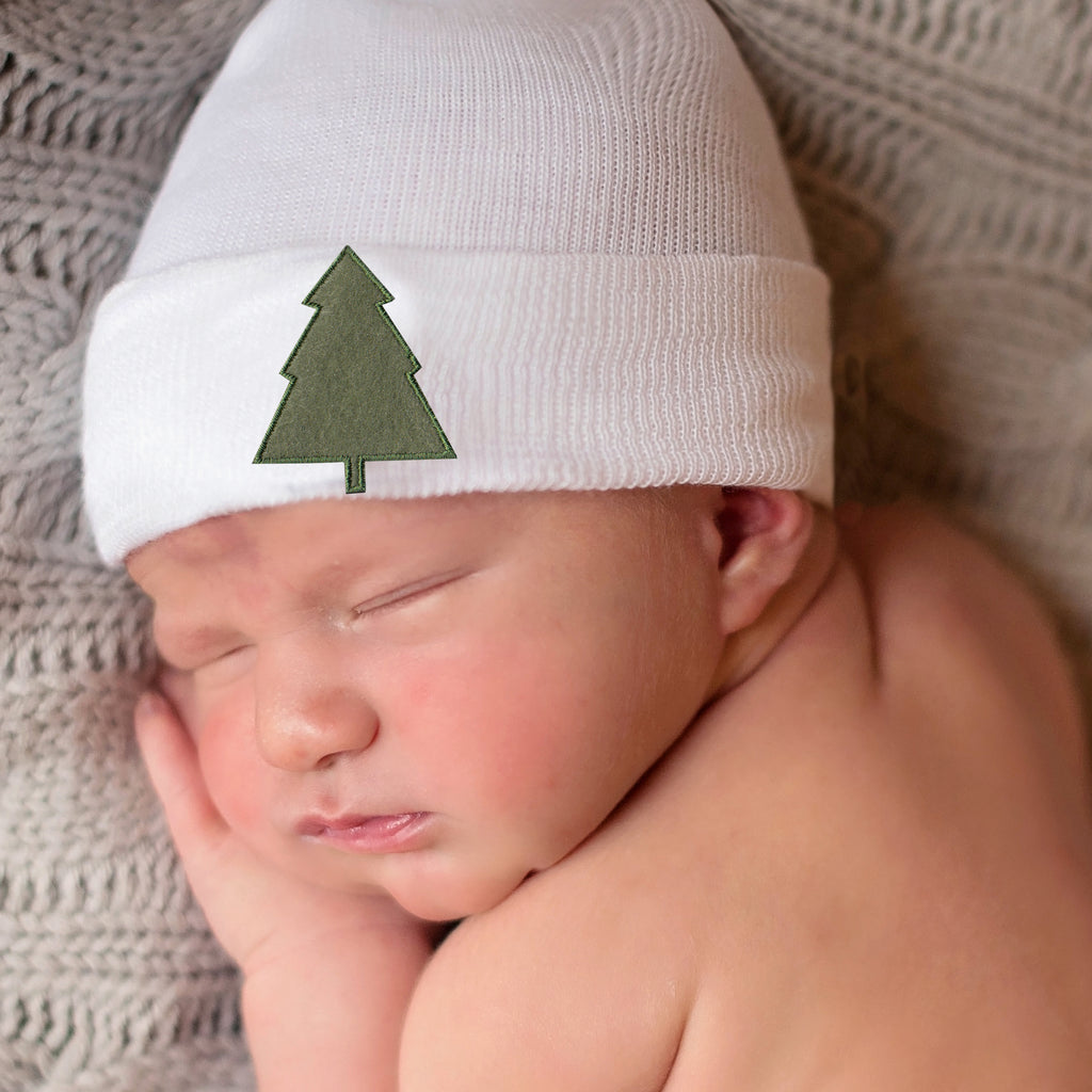 Solid White Hospital Beanie Hat For Newborn Boy or Girl with Christmas Tree Patch Infant Hat Newborn Hat