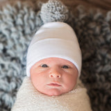 Newborn Baby Boy Hospital Beanie Hat with Grey Pom Pom, White Color Infant Hat Newborn Hat