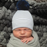 Grey and White Striped Newborn Boy Hospital Beanie Hat with Navy Blue Pom Pom Infant Hat Newborn Hat