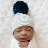 Newborn Boy Hospital Hat, Grey and White Striped Nursery Beanie with Navy Blue Pom Pom Infant Hat Newborn Hat