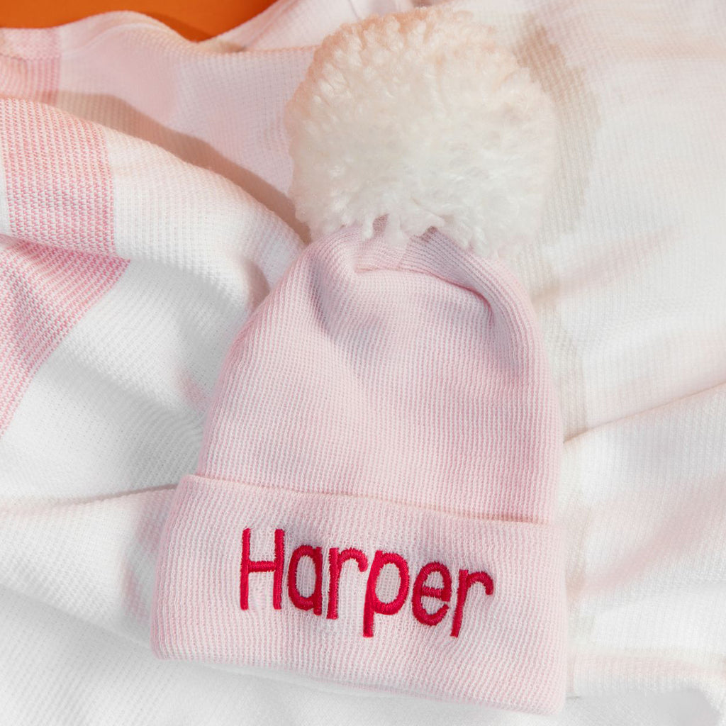 Personalized Solid Pink Newborn Girl Hospital Beanie Hat with White Pom Infant Hat Newborn Hat