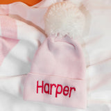 Personalized Solid Pink Newborn Girl Hospital Beanie Hat with White Pom Infant Hat Newborn Hat