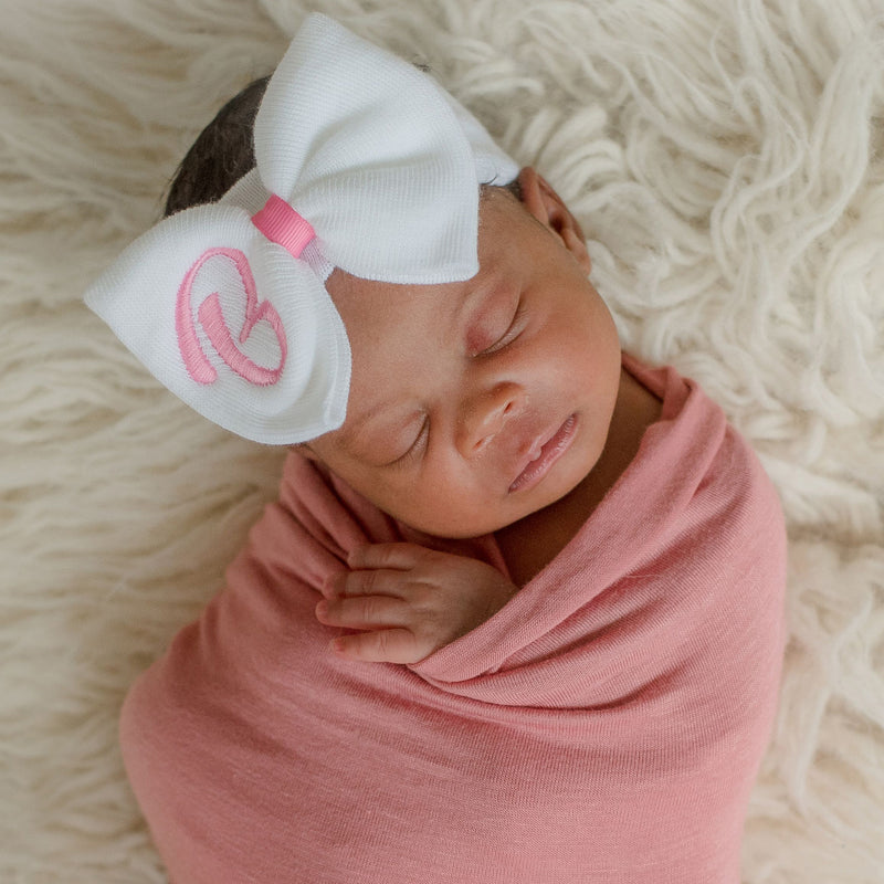 White Newborn Headband with Pink Big Bow & Personalized Initial