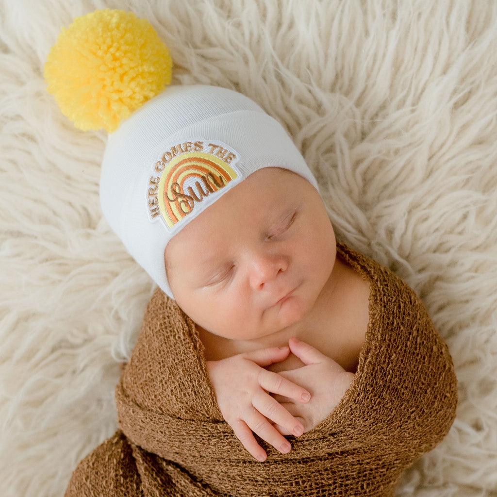 White Here Comes the Sun Newborn Hospital Beanie Hat With Pom Pom