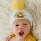 White Here Comes the Sun Newborn Hospital Beanie Hat With Pom Pom, Gender Neutral, White Color Infant Hat Newborn Hat