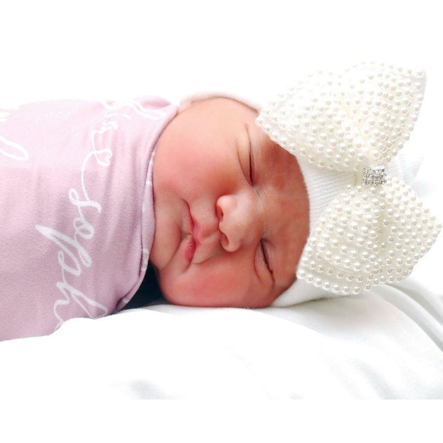 BabyMelons Newborn Baby Girl Hospital Beanie Hat with Leopard Fabric Bow, White Color Infant Hat Newborn Hat 0-3 Months