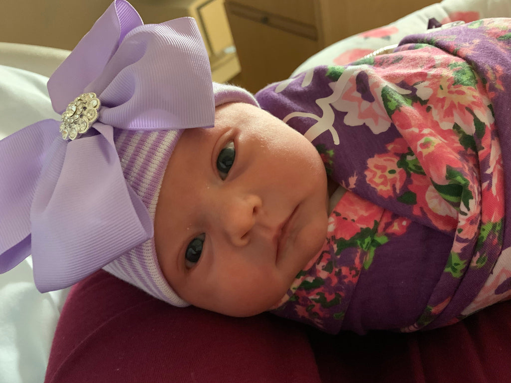 White and Purple Striped Newborn Baby Girl Hospital Beanie Hat with Purple Bella Bow and Rhinestone, Newborn Hat Infant Hat