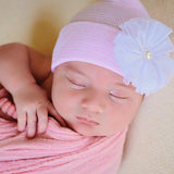 Isabella Pearl Flower Newborn Baby Girl Hospital Beanie Hat - Pink & White Striped Hat Infant Hat Newborn Hat