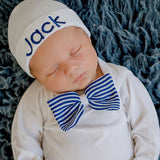 Personalized White Hospital Beanie Hat and Bow Tie Bodysuit Set - Take Me Home Outfit For Baby Boys - Blue & White
