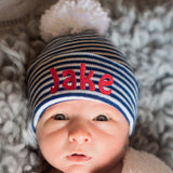 Personalized Navy and White Striped Newborn Boy Hospital Beanie Hat With Pom Pom, Infant Hat Newborn Hat