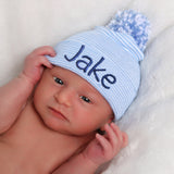 Personalized Striped Blue Newborn Baby Boy Hospital Beanie Hat with Pom Pom