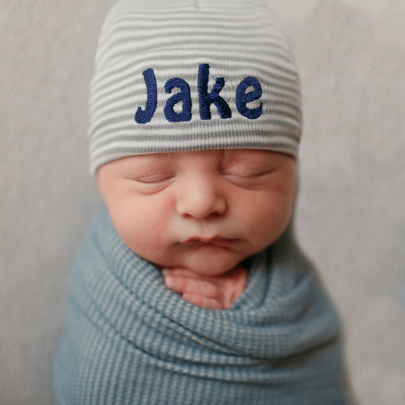Personalized Grey and White Striped Newborn Baby Boy Hospital Beanie Hat - Newborn Boy Hospital Hat Infant Hat Newborn Hat