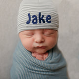 Personalized Grey and White Striped Newborn Baby Boy Hospital Beanie Hat - Newborn Boy Hospital Hat Infant Hat Newborn Hat