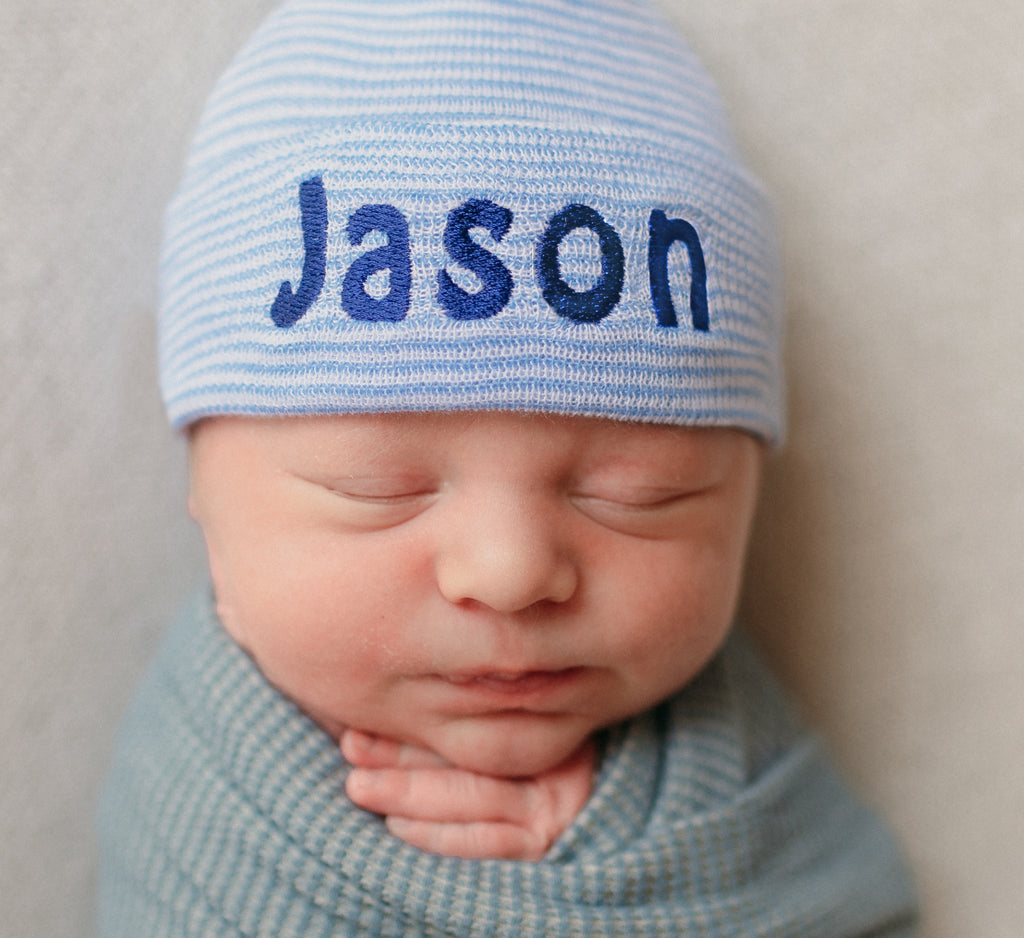 Personalized Newborn Baby Boy Hospital Beanie Hat, Blue and White Striped Infant Hat Newborn Hat