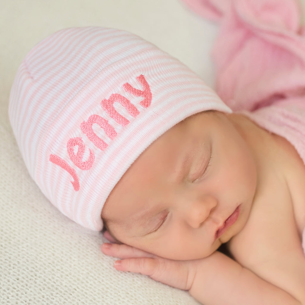 Pink & White Wide Striped Personalized Newborn Girl Hospital Hat