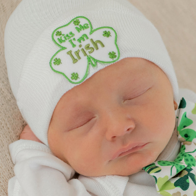 White Newborn Hospital Beanie Hat - Perfect for Irish or St. Patrick's Babies, Green Irish 4 Leaf Clover Patch