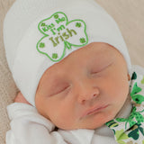 White Newborn Hospital Beanie Hat - Perfect for Irish or St. Patrick's Babies, Green Irish 4 Leaf Clover Patch