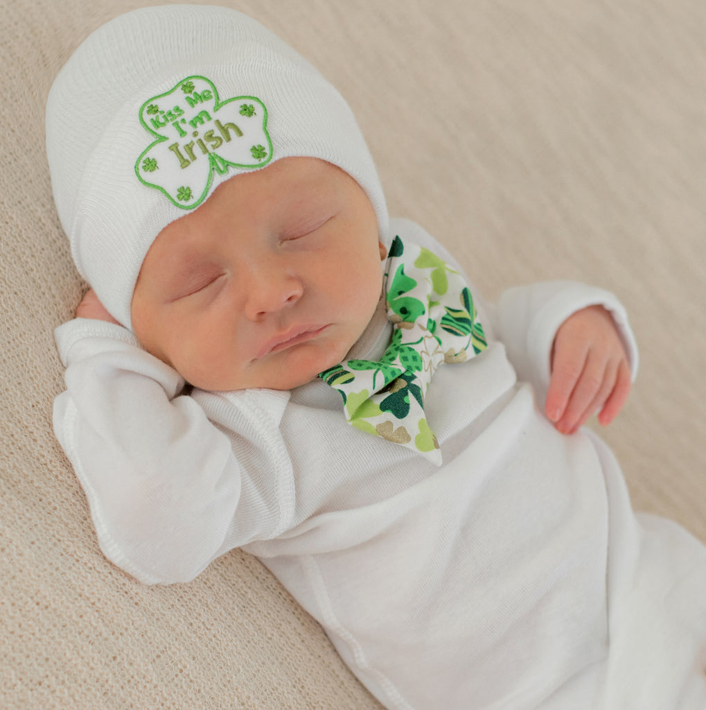 White Newborn Hospital Beanie Hat - Perfect for Irish or St. Patrick's Babies, Green Irish 4 Leaf Clover Patch