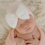 Lace Covered White Bow and Pink Newborn Hospital Hat - Nursery Beanie for Girls Infant Hat Newborn Hat