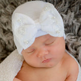 White Newborn Baby Girl Hospital Beanie Hat with Lace and Pearl Bow Infant Hat Newborn Baby Hat