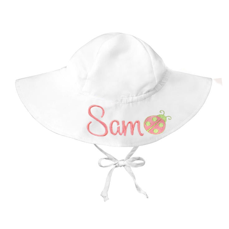 Ladybug Sun Protective Baby and Toddler Sun Hat, Personalized White Wide Brim Infant Hat Newborn Summer Hat