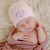 Girl's Monogramed Shadow Stitch White Newborn Baby Girl Hospital Beanie Hat, Infant Hat Newborn Hat