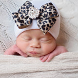 Newborn Baby Girl Hospital Nursery Beanie Hat with Leopard Bow and Jewel, White Color Infant Hat Newborn Hat