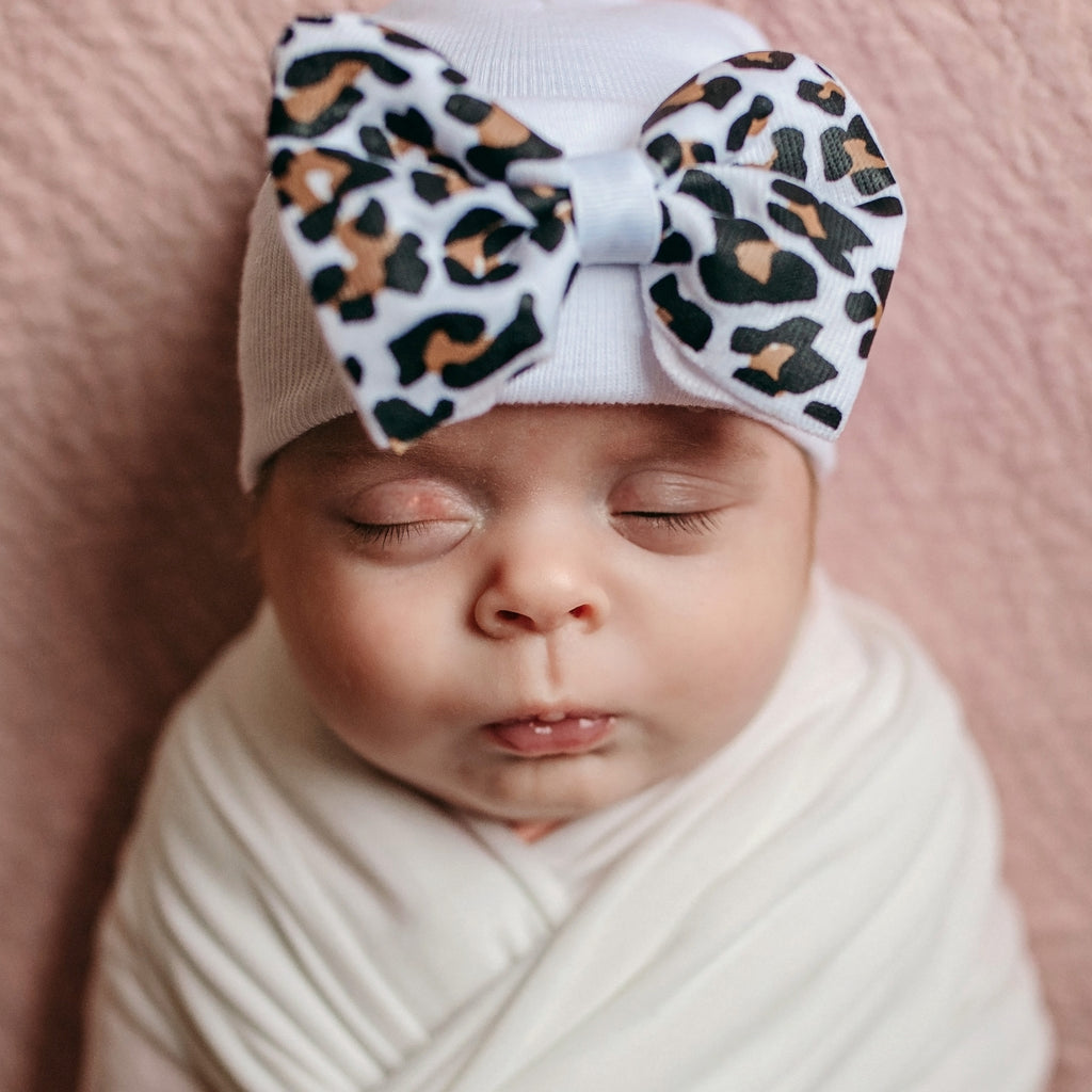 Newborn Baby Girl Hospital Beanie Hat With Lucy Leopard Bow, White Color Infant Hat Newborn Hat