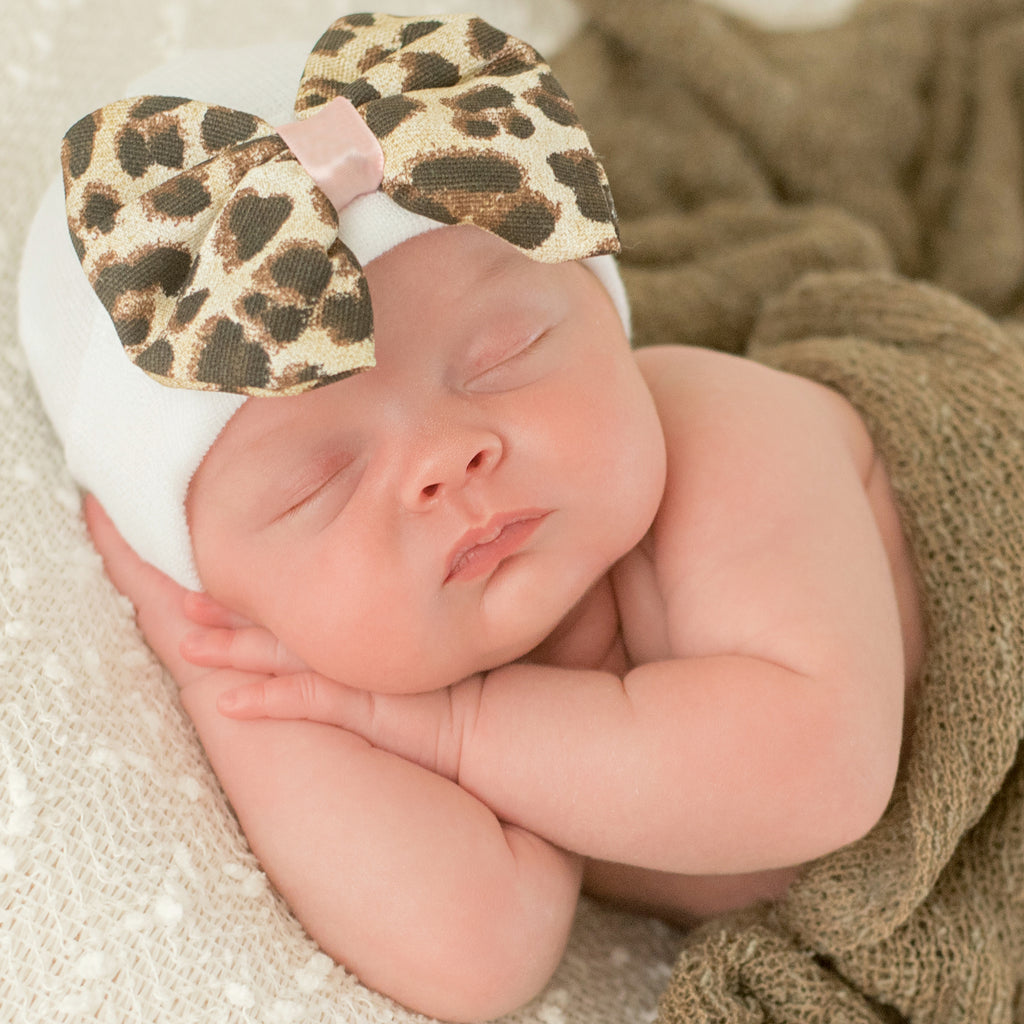 BabyMelons Newborn Baby Girl Hospital Beanie Hat with Leopard Fabric Bow, White Color Infant Hat Newborn Hat 0-3 Months