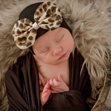 Newborn Baby Girl Hospital Beanie Hat with Leopard Bow, Black Color Baby Hat, 0-3 Month Size