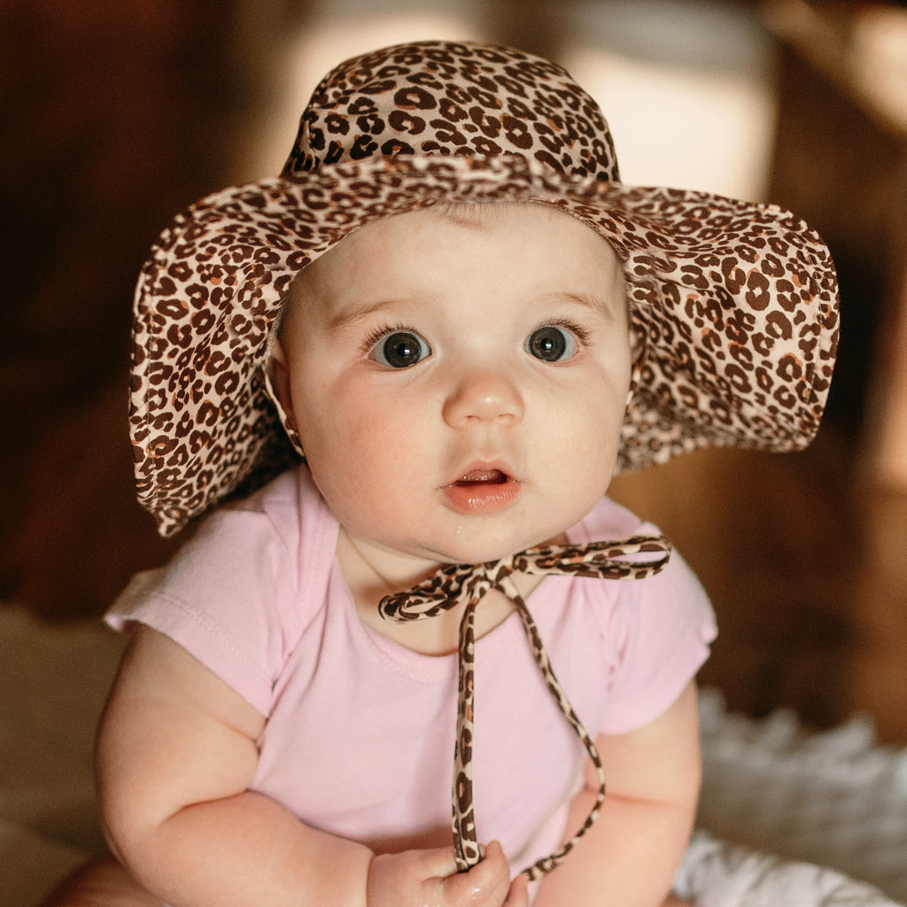 Leopard Print Wide Brim Sun Hat for Baby and Toddler Girls - Personalization Option Infant Hat Newborn Summer Hat