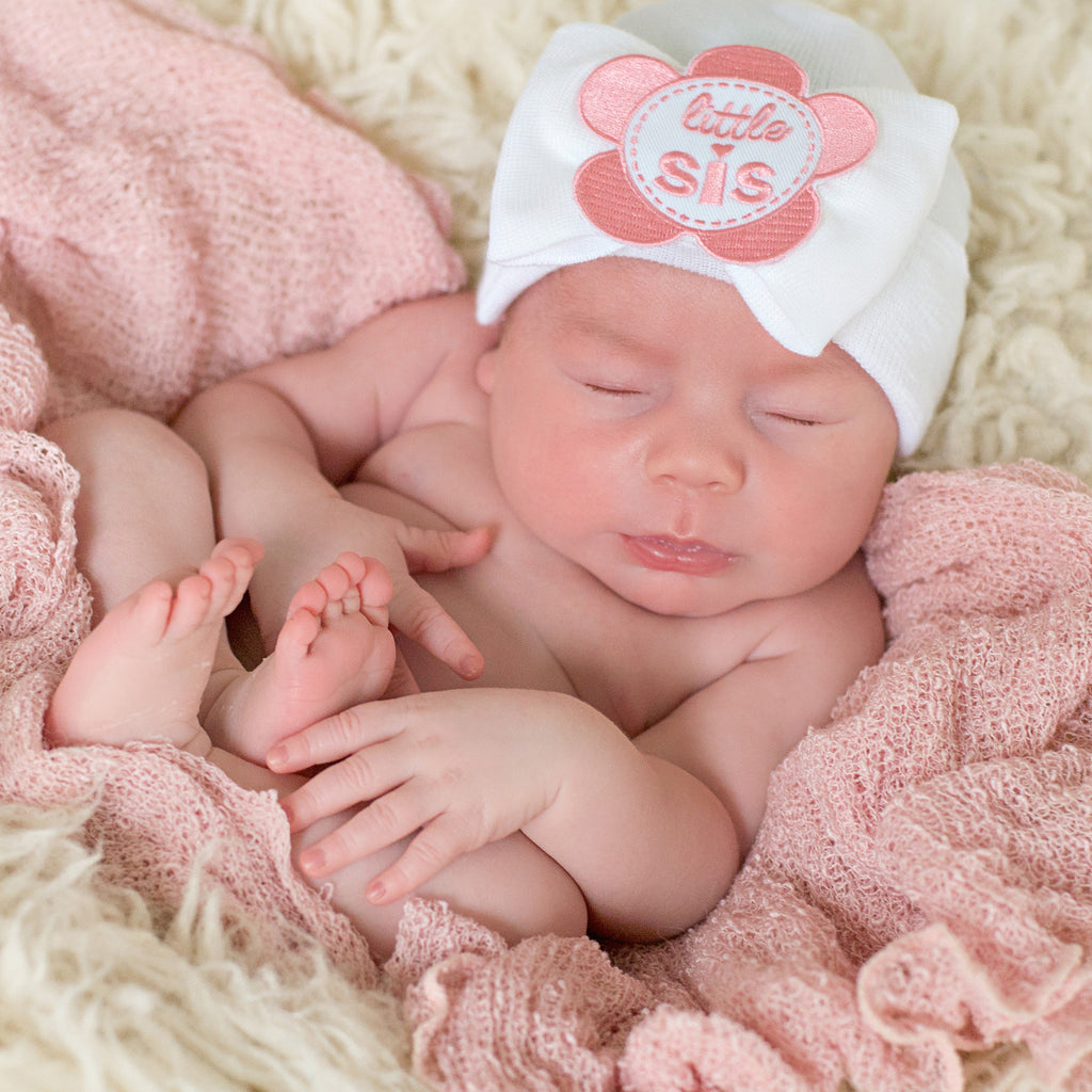 Little Sis Flower Patch White Big Bow Newborn Girl Hospital Hat Infant Hat Newborn Hat