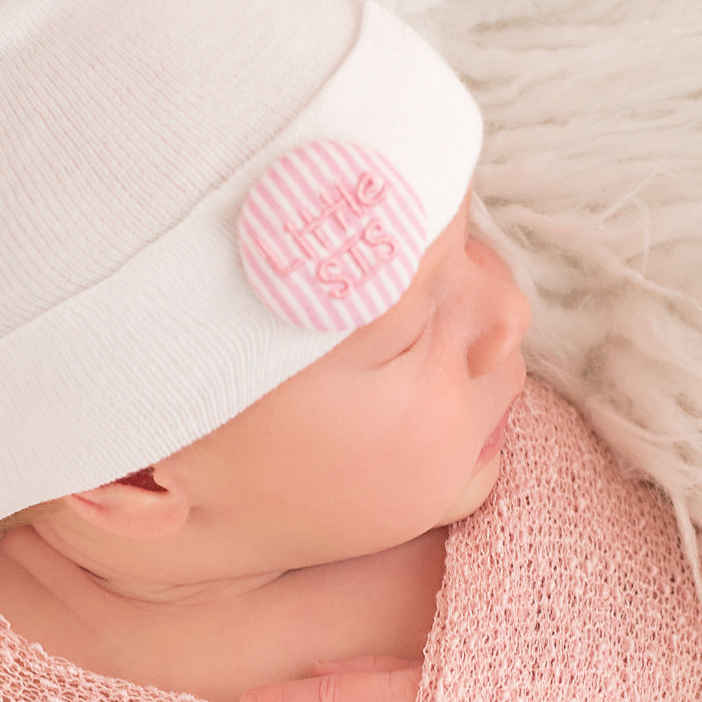 Pink and White Seersucker Covered Button Little Sister Newborn Girl Hospital Hat Newborn Hats Infant Hats