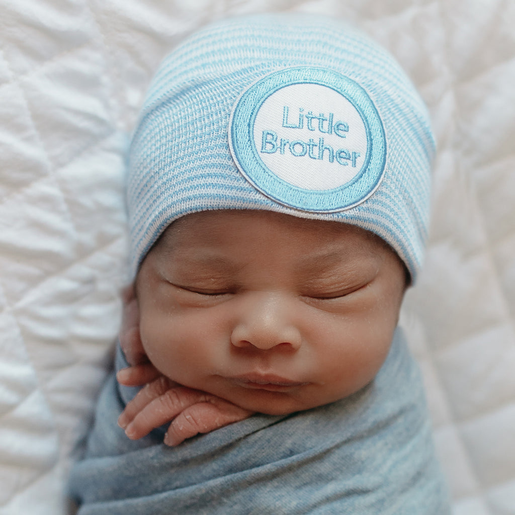 Striped Blue and White Little Brother Newborn Boy Hospital Beanie Hat Infant Hat Newborn Hat