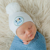 Solid White Little Bro Newborn Baby Boy Hospital Beanie Hat with Pom Pom, White or Blue Hat, Newborn Hat Infant Hat