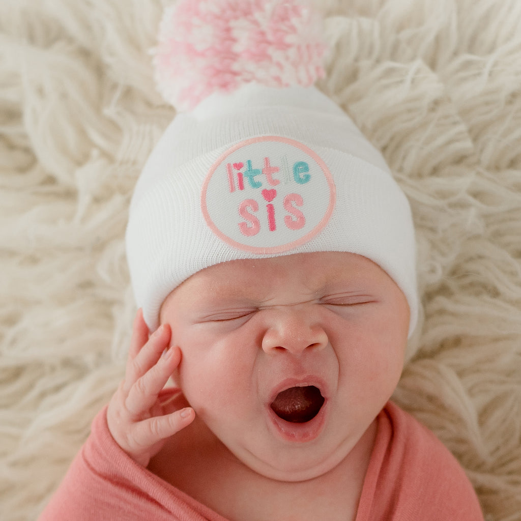 Little Sis Newborn Baby Girl Hospital Beanie Hat with Mixed Pink and White  Pom Pom Infant Hat Newborn Hat, White, 0-3 Month Size