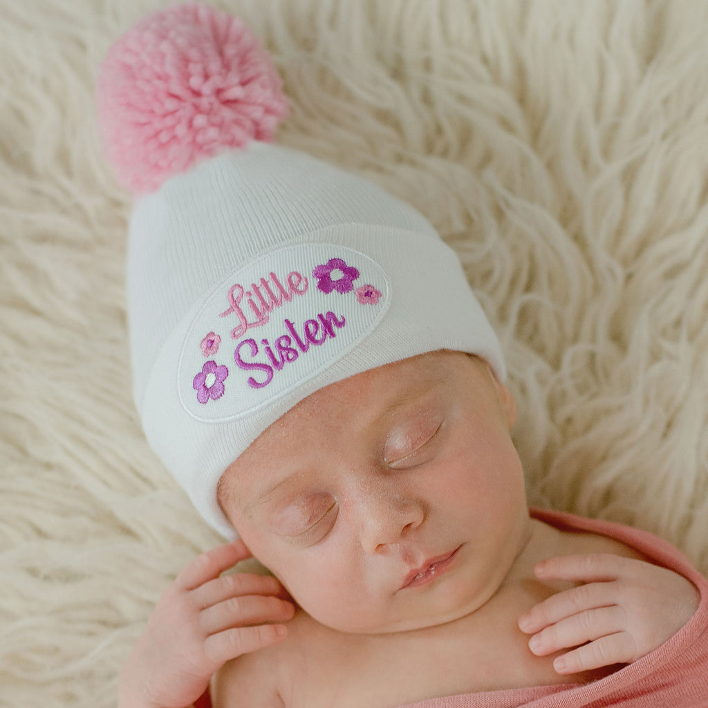 Little Sister Flowers Newborn Girl Hospital Beanie Hat With Pink Pom Pom, White Color, Infant Beanie Hat