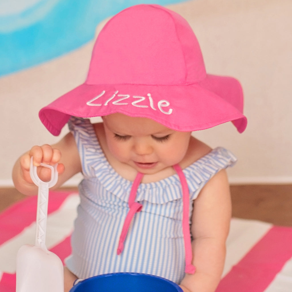 Personalized Bright Pink Baby and Toddler Sun Hat with Sun Protection Infant Hat Newborn Summer Hat