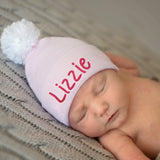 Personalized Solid Pink Newborn Girl Hospital Beanie Hat with White Pom Infant Hat Newborn Hat