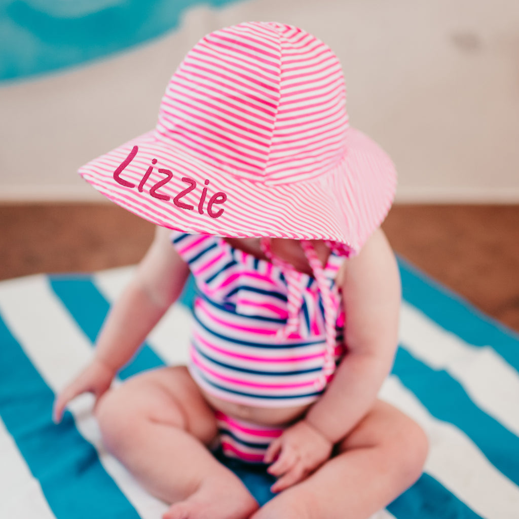 Personalized Preppy Bright Pink and White Striped Wide Brim Baby Girl Sun Hat - Newborn Hat Infant Summer Hat