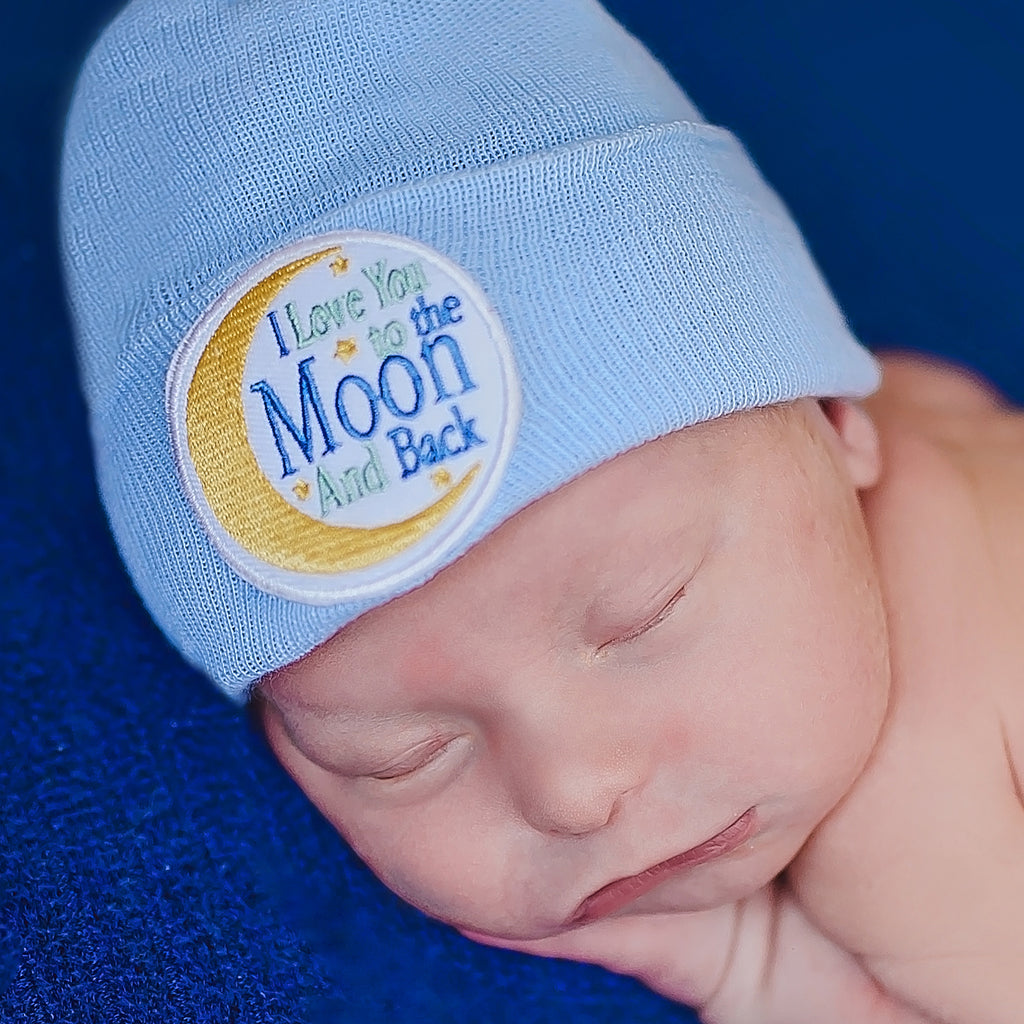 Blue Newborn Beanie Hospital Hat With I Love You to the Moon and Back Patch For Little Boy, Infant Beanie Hat