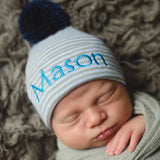 Personalized Grey and White Striped Newborn Baby Boy Hospital Beanie Hat with Navy Blue Pom Pom Infant Hat Newborn Hat