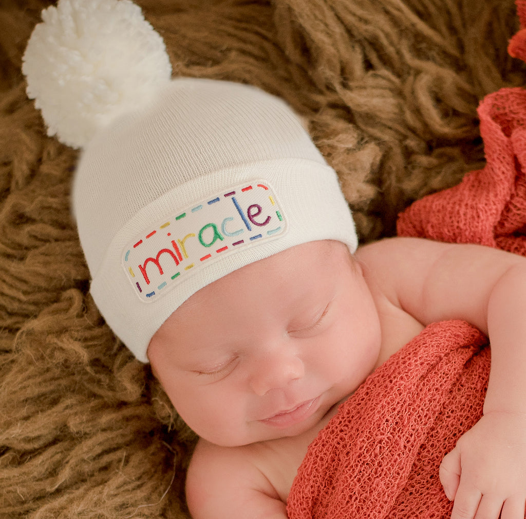 Miracle Rainbow Patch Gender Neutral Newborn Baby Hospital Beanie Hat with Pom Pom - White Color Infant Hat Newborn Hat