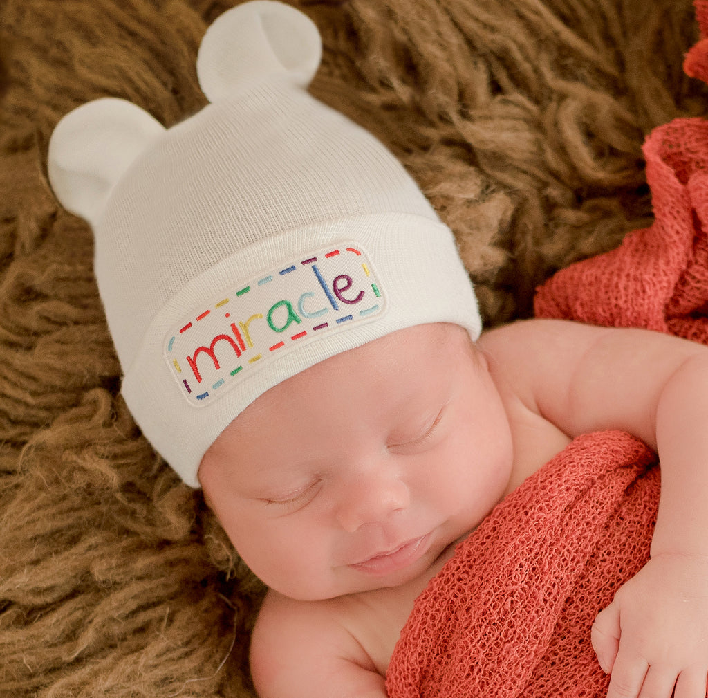 White Newborn Boy or Girl Hospital Beanie Hat With Cute Bear Ears - Gender Neutral Infant Hat Newborn Hat