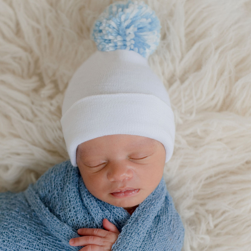 White Newborn Baby Boy Hospital Beanie Hat with Mixed Blue and White Pom Pom, Infant Hat Newborn Hat, Light weight