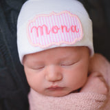 Personalized Pink and White Seersucker Name Newborn Girl Hospital Beanie Hat, Infant Hat Newborn Hat